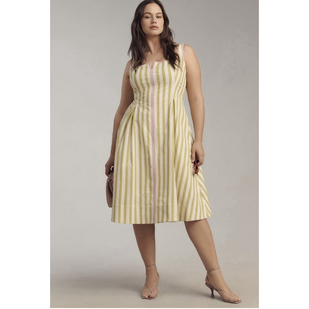 Anthropologie Maeve Sleeveless Notched Square Neck Midi Dress Sz LP Chartreuse